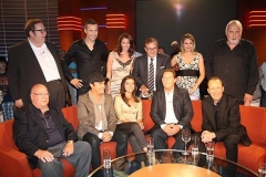 Ottfried Fischer (parkinsonkrank, Schauspieler), Kai Pflaume (Moderator), Mareile H?ppner (Moderatorin), Jan Hofer (ARD-"Tagesschau"-Chefsprecher, Moderator), Ruth Moschner (Moderatorin), Gunther Emmerlich (Moderator, Opern-S?nger) (stehend, v.li.), Dr. Edgar Most, Peter Schilling (S?nger), Ana Plasencia, Thomas "Harry" Weinkauf und Torsten "Toto" Heim (alias "Harry und Toto") (unterer Reihe, v.li.n.re.), MDR-Talkshow "Riverboat", Leipzig, Sachsen, Deutschland, Europa, Studio, Glas, Getr?nk, Parkinson, krank, erkrankt, Kranker, Kabarettist, Promi, 101446, NB, FTP; P.-Nr.: 968/2011, 10.06.2011; Foto: P.Bischoff; Jegliche Foto-Nutzung (Ver?ffentlichung - Print + Online - , Ausstrahlung, Layout etc.) nur gegen Honorar (lt. MFM-Empfehlungen) gem?? unseren AGB's ! (Photo by Peter Bischoff/Getty Images)